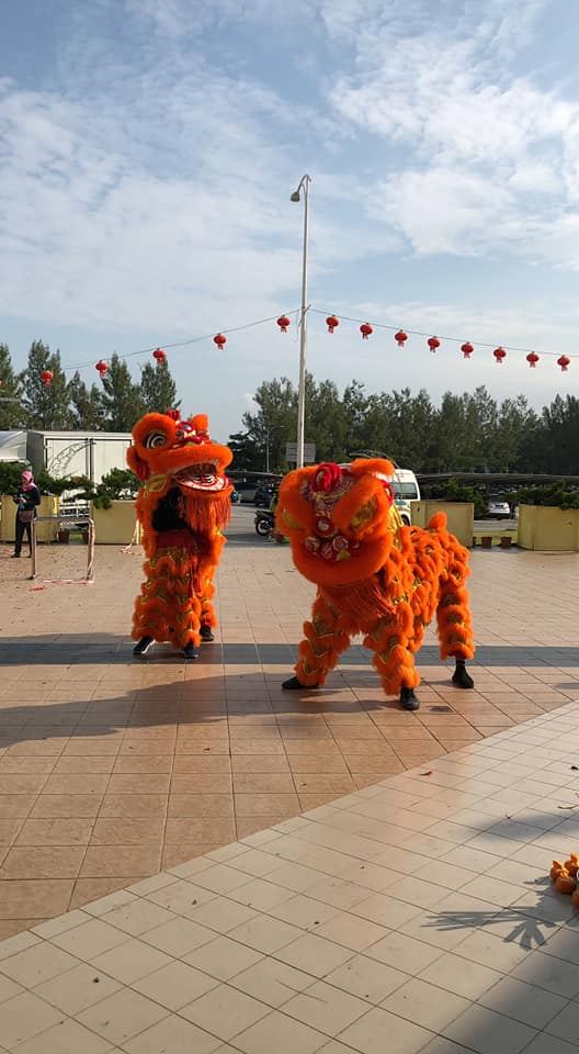 南华独中醒狮团到玛丽娜岛采青。