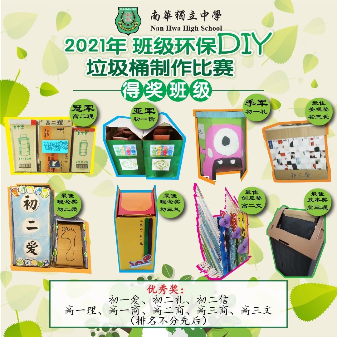 为了配合环境教育课程,南华独中联课处举办了班级环保垃圾桶制作比赛。